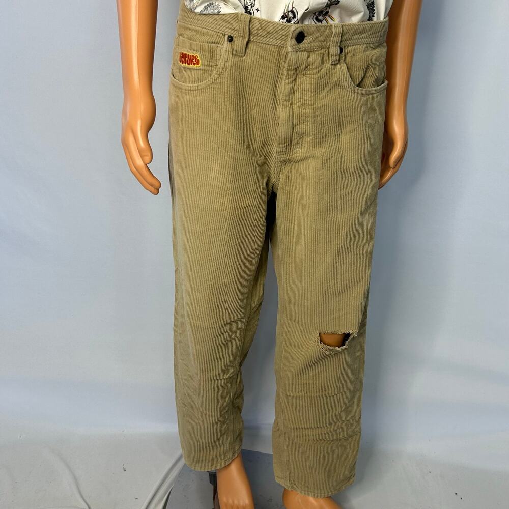 Vintage Empyre Tan Corduroy Pants Embroidered Logo Distressed Knee 32